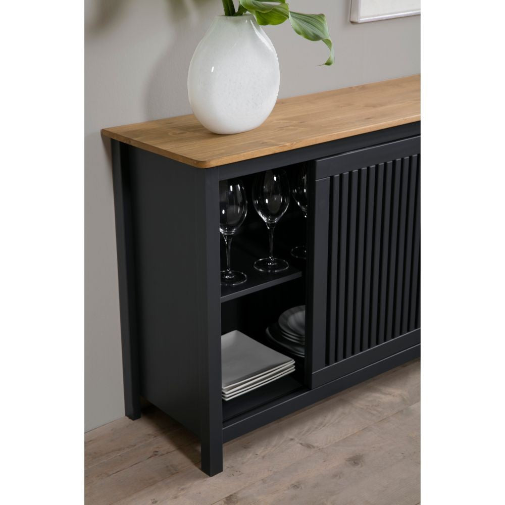 Credenza Bruna con 1 anta scorrevole e 3 cassetti  in legno massiccio colore grigio antracite e top pino