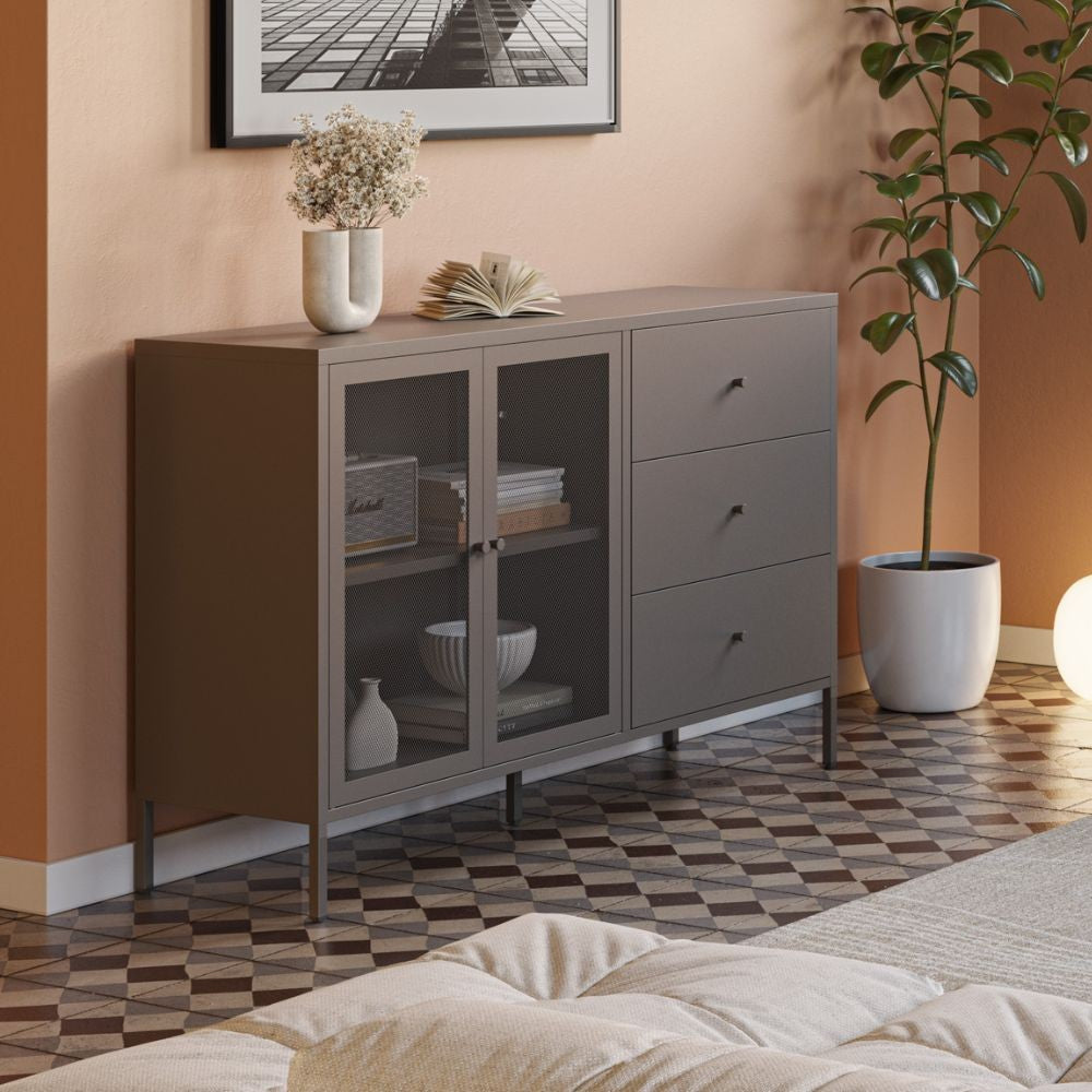 Credenza Fayna19352 in metallo con 2 ante e 3 cassetti colore mocha