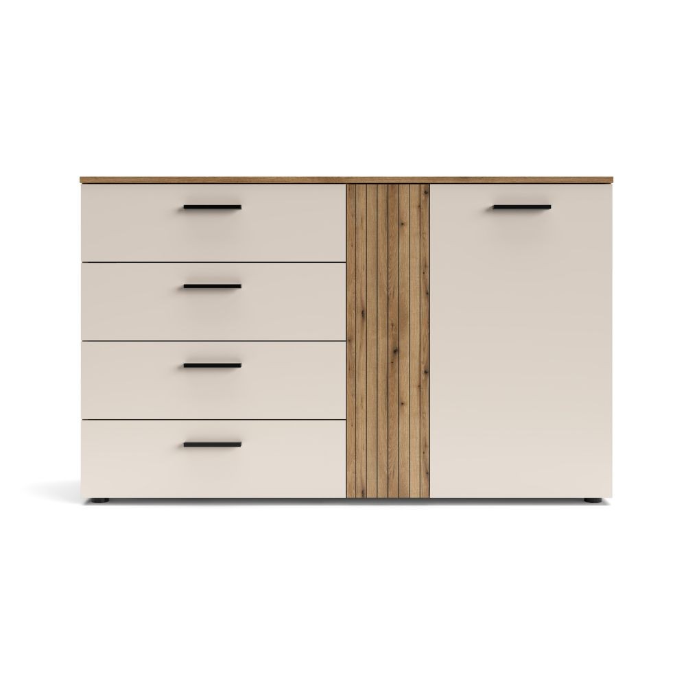 Credenza Frezo02 con 4 cassetti e 2 ante con dettaglio a listelli verticali colore cashmere e rovere evoque