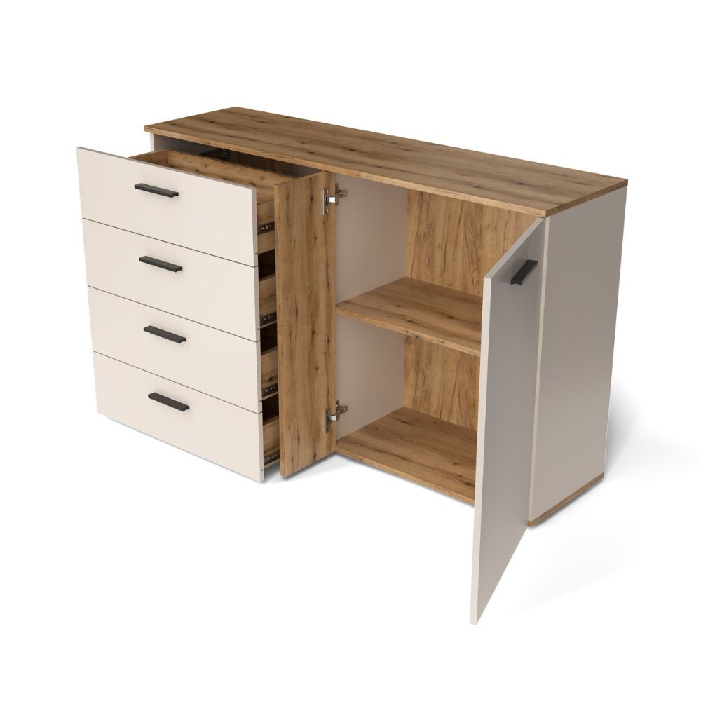 Credenza Frezo02 con 4 cassetti e 2 ante con dettaglio a listelli verticali colore cashmere e rovere evoque