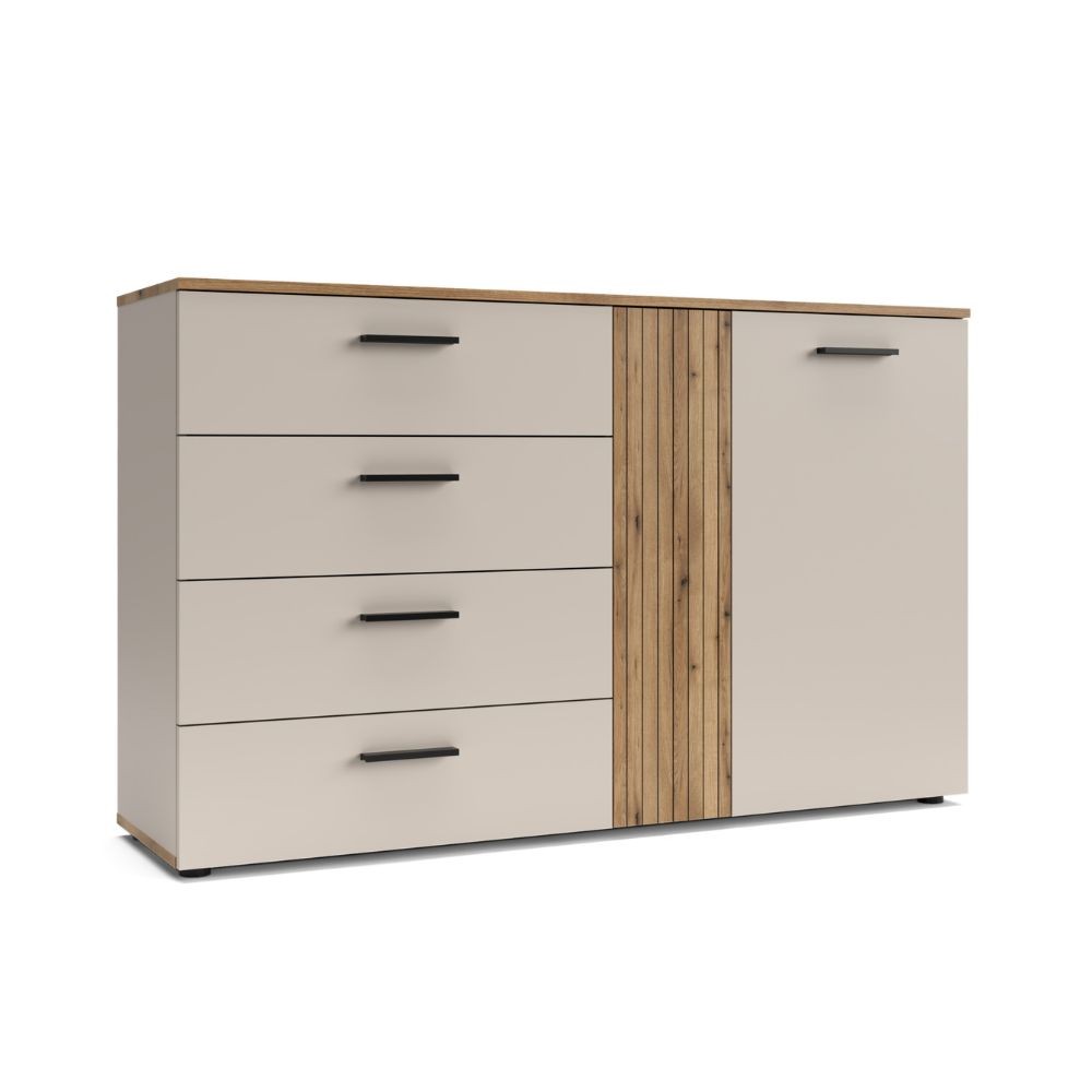 Credenza Frezo02 con 4 cassetti e 2 ante con dettaglio a listelli verticali colore cashmere e rovere evoque