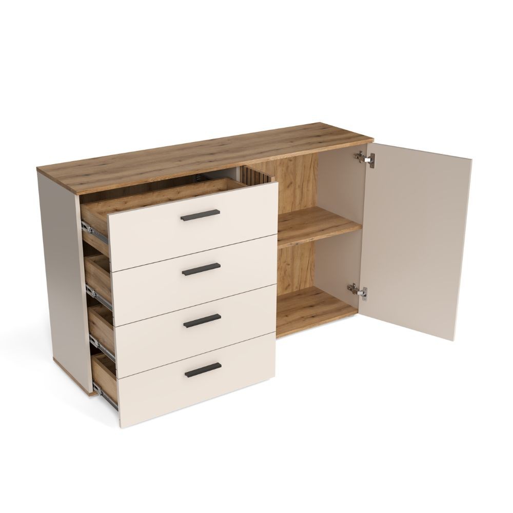 Credenza Frezo02 con 4 cassetti e 2 ante con dettaglio a listelli verticali colore cashmere e rovere evoque