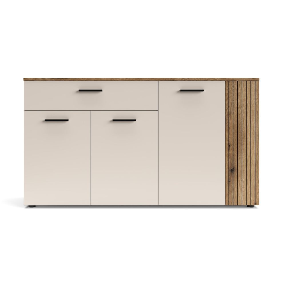 Credenza Frezo03 con 4 ante con dettaglio a listelli verticali e 1 cassetto colore cashmere e rovere evoque