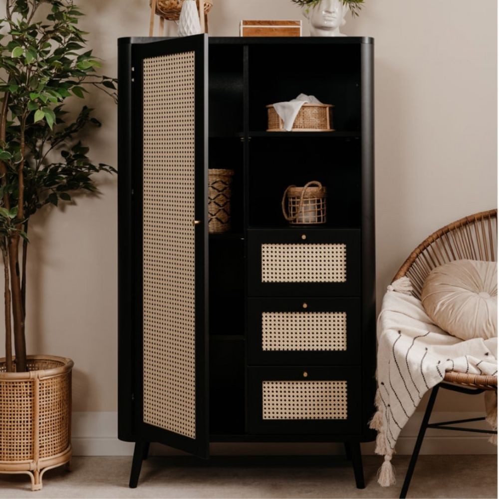 Credenza KUTA53 nera 3 cassetti e anta effetto rafia