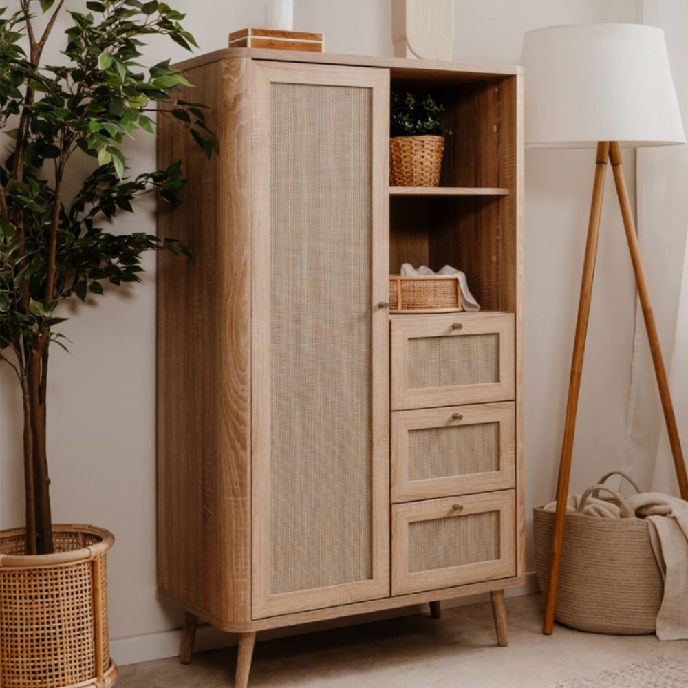 Credenza KUTA53 rovere sonoma 3 cassetti e anta effetto rafia