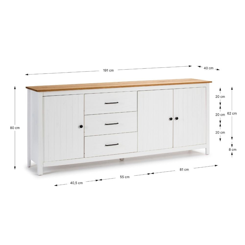 Credenza Miranda con 3 ante e 3 cassetti in legno massiccio bianco con top pino