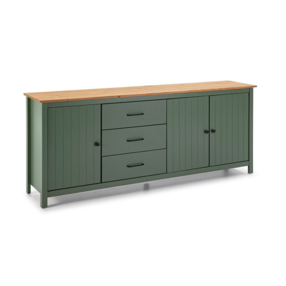 Credenza Miranda con 3 ante e 3 cassetti in legno massiccio verde con top pino