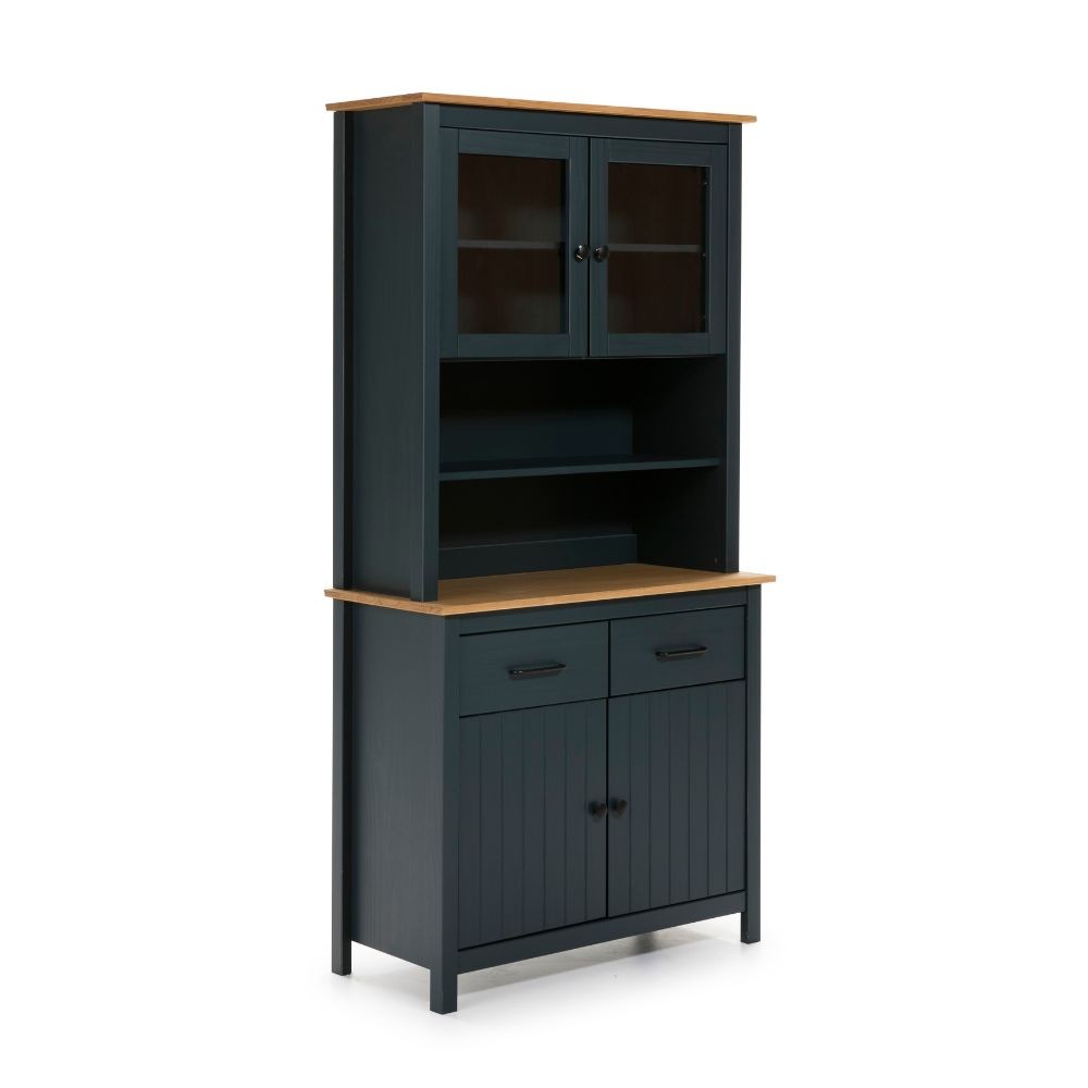 Credenza Miranda con vetrina 4 ante e due cassetti in legno massiccio blu e rovere