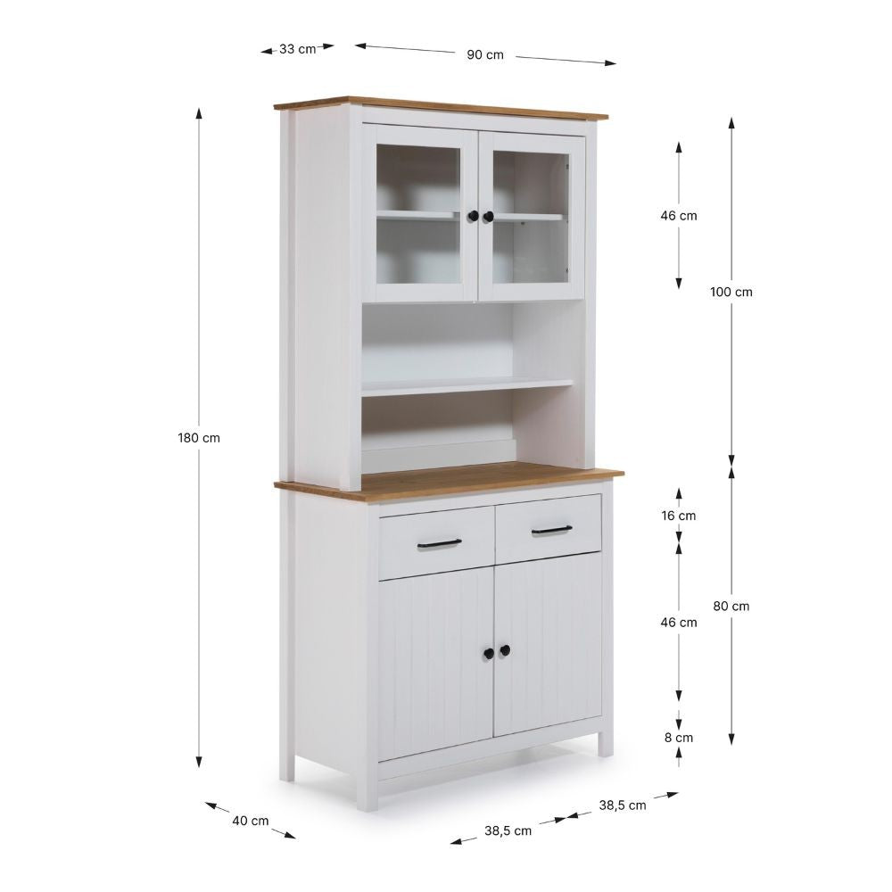 Credenza Miranda con vetrina 4 ante e due cassetti in legno massiccio colore bianco e rovere