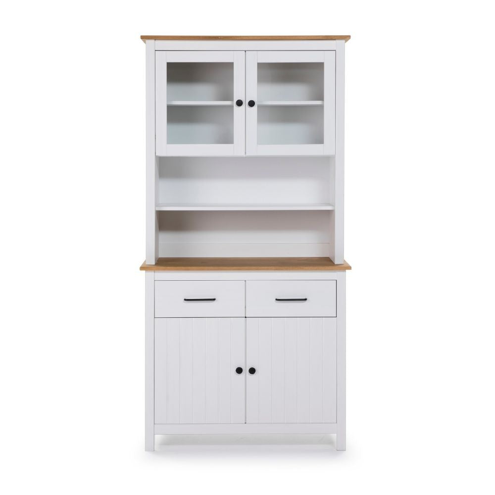 Credenza Miranda con vetrina 4 ante e due cassetti in legno massiccio colore bianco e rovere
