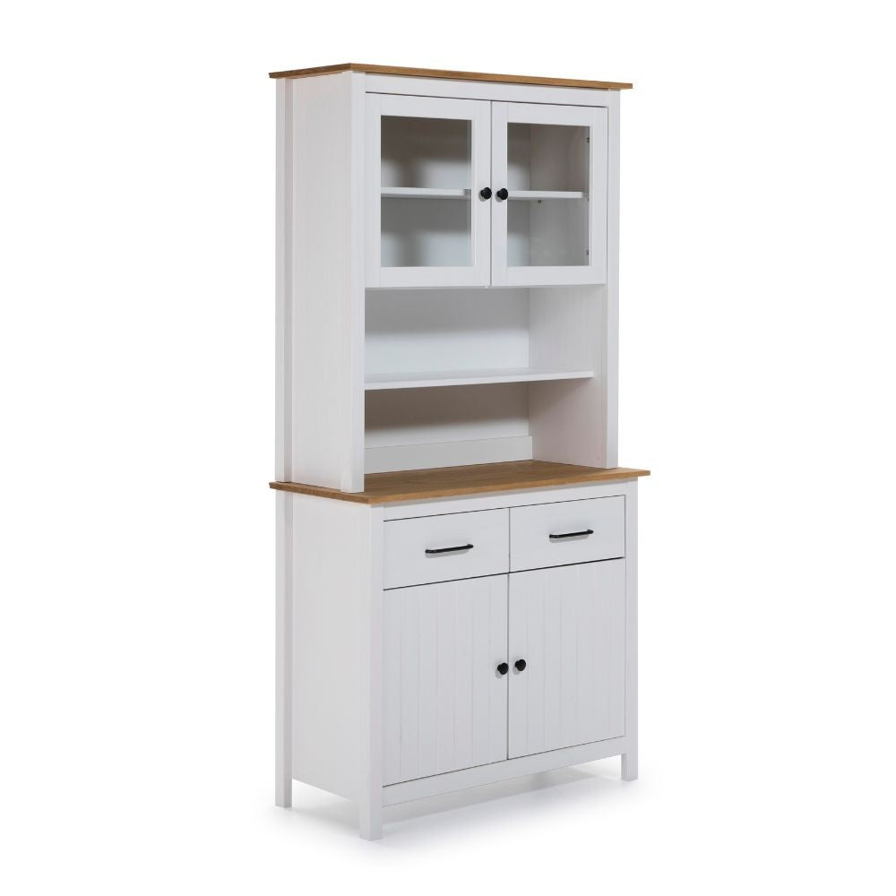 Credenza Miranda con vetrina 4 ante e due cassetti in legno massiccio colore bianco e rovere