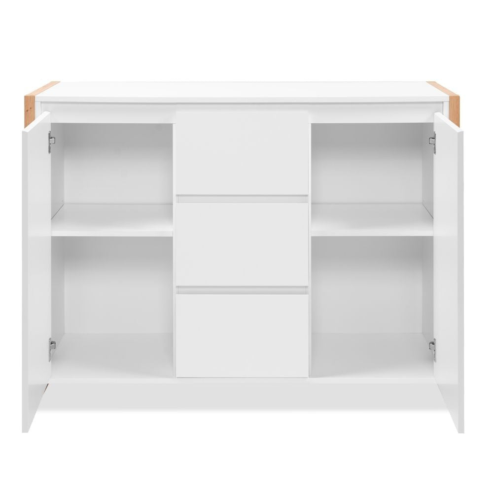 Credenza New Denver2 con 3 cassetti e 2 ante battenti in bianco e rovere