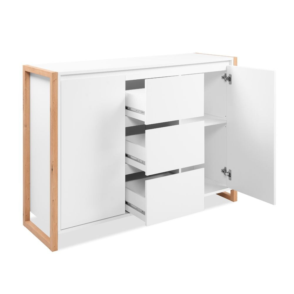 Credenza New Denver2 con 3 cassetti e 2 ante battenti in bianco e rovere