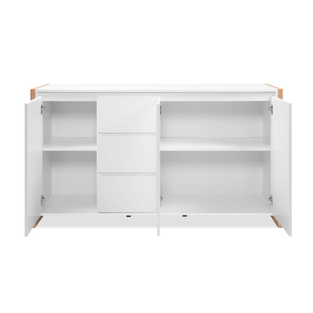 Credenza New Denver3 con 3 cassetti e 3 ante battenti in bianco e rovere