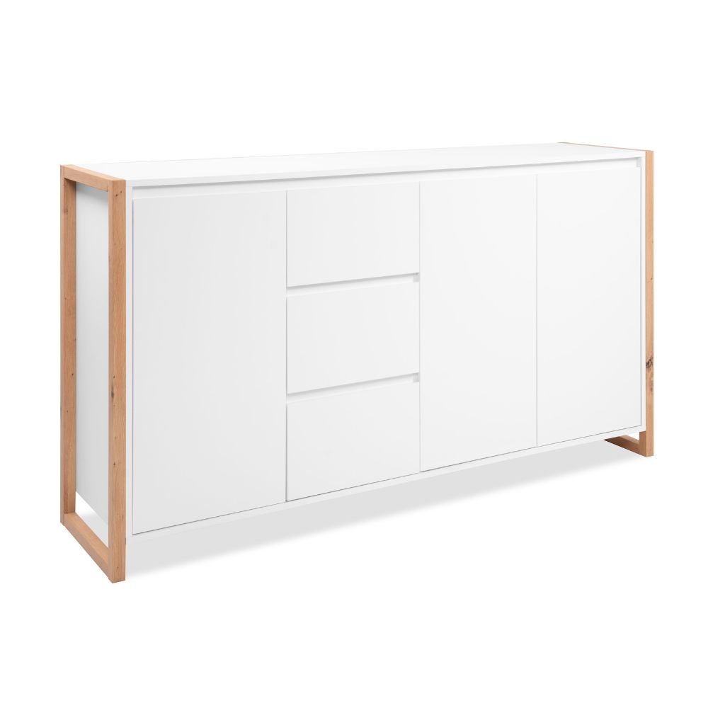 Credenza New Denver3 con 3 cassetti e 3 ante battenti in bianco e rovere