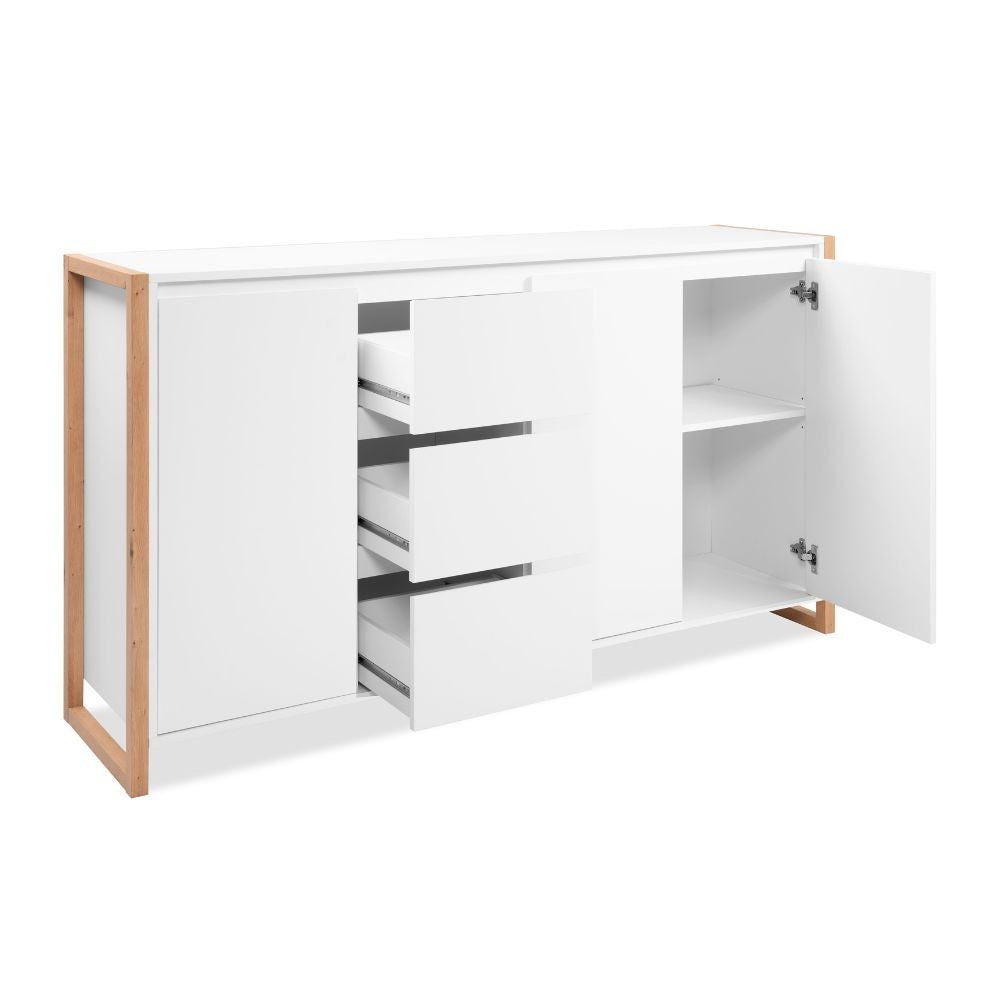 Credenza New Denver3 con 3 cassetti e 3 ante battenti in bianco e rovere
