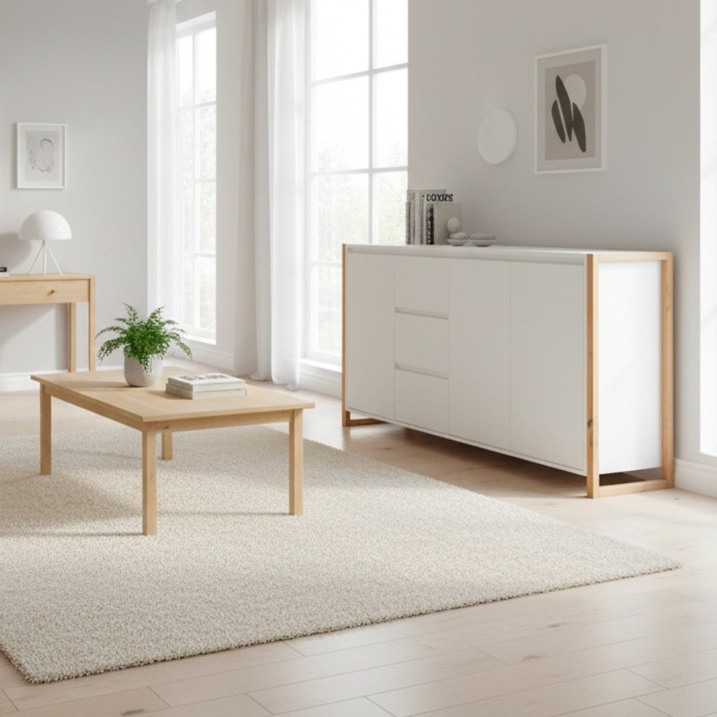 Credenza New Denver3 con 3 cassetti e 3 ante battenti in bianco e rovere