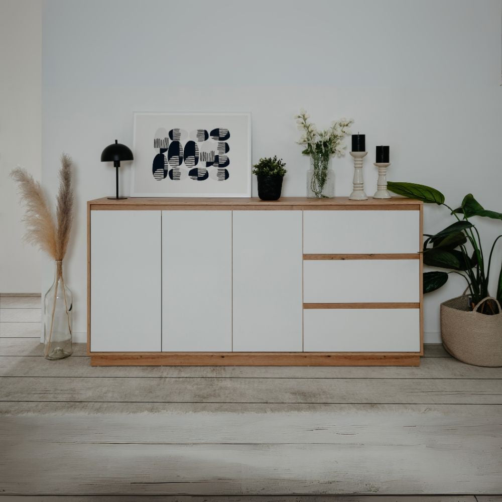 Credenza Phoenix 51A 3 ante e 3 cassetti con struttura rovere e frontali bianco