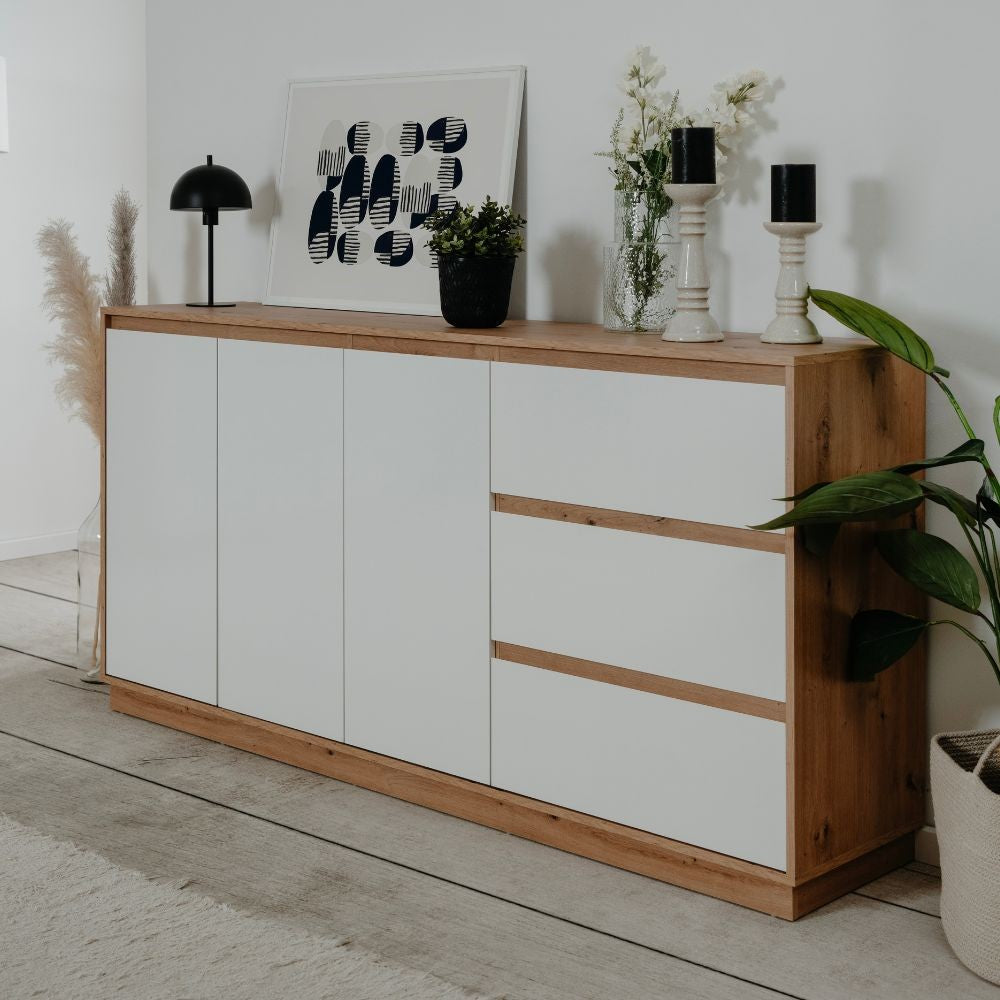 Credenza Phoenix 51A 3 ante e 3 cassetti con struttura rovere e frontali bianco