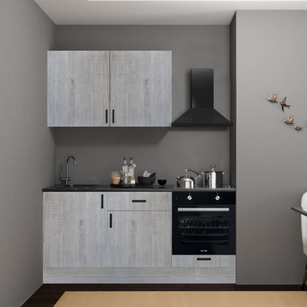 Cucina Asti 180 cm. reversibile elettrodomestici inclusi colore rovere grigio chiaro e maniglie in metallo nero