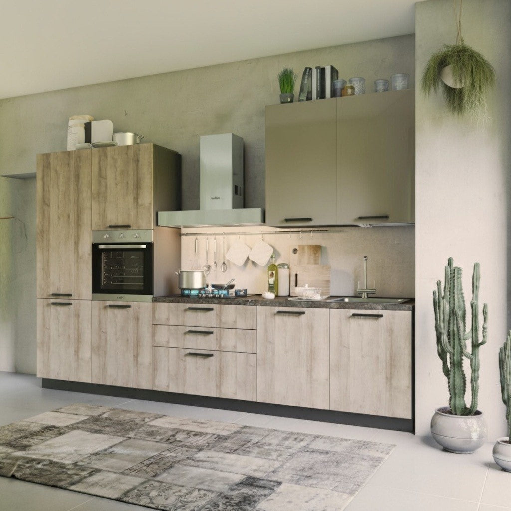 Cucina Durazzo Glam 330 cm rovere rustico e tortora lucido sinistra con lavastoviglie