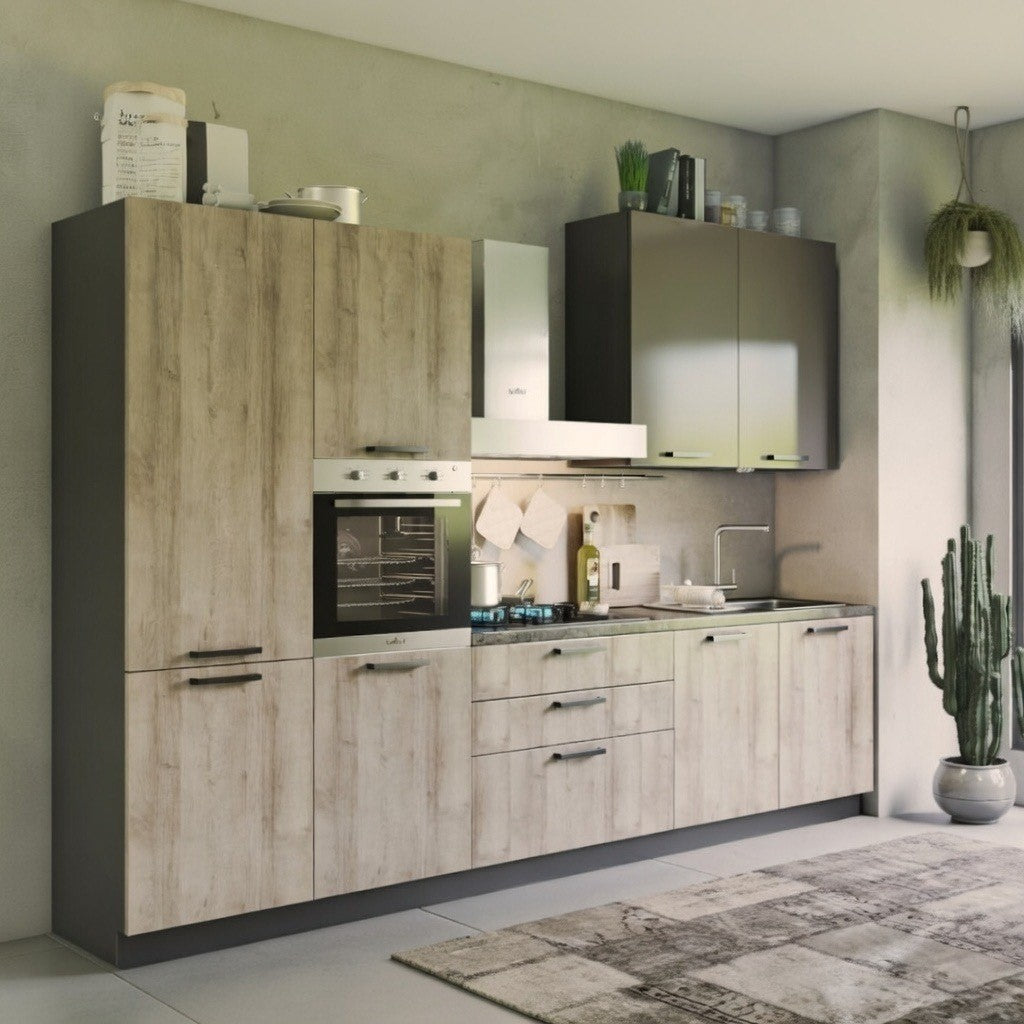 Cucina Durazzo Glam 330 cm rovere rustico e tortora lucido sinistra con lavastoviglie