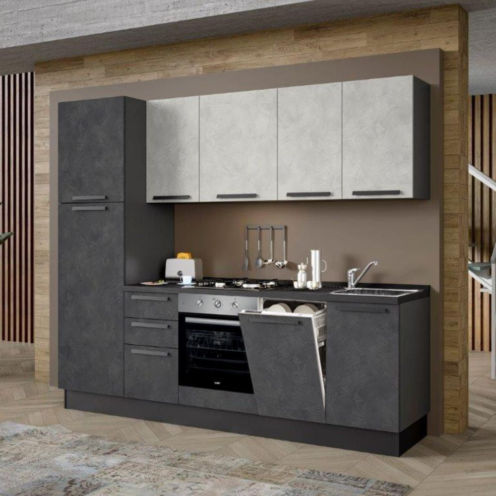 Cucina Licola 255x216 H reversibile colore iron e pensili spatolato con lavastoviglie