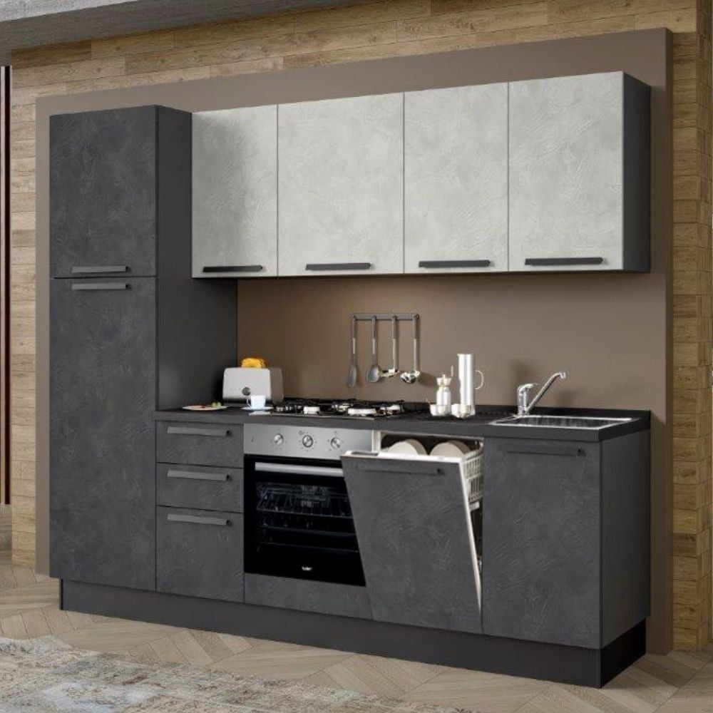 Cucina Licola 255x216 H reversibile colore iron e pensili spatolato con lavastoviglie