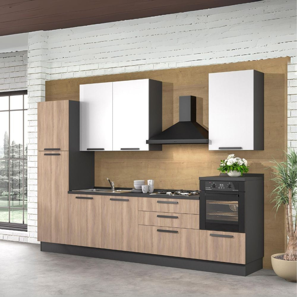 Cucina Sinki reversibile 330x216/240 H con cassa colore antracite basi gordon e pensili bianco con lavastoviglie