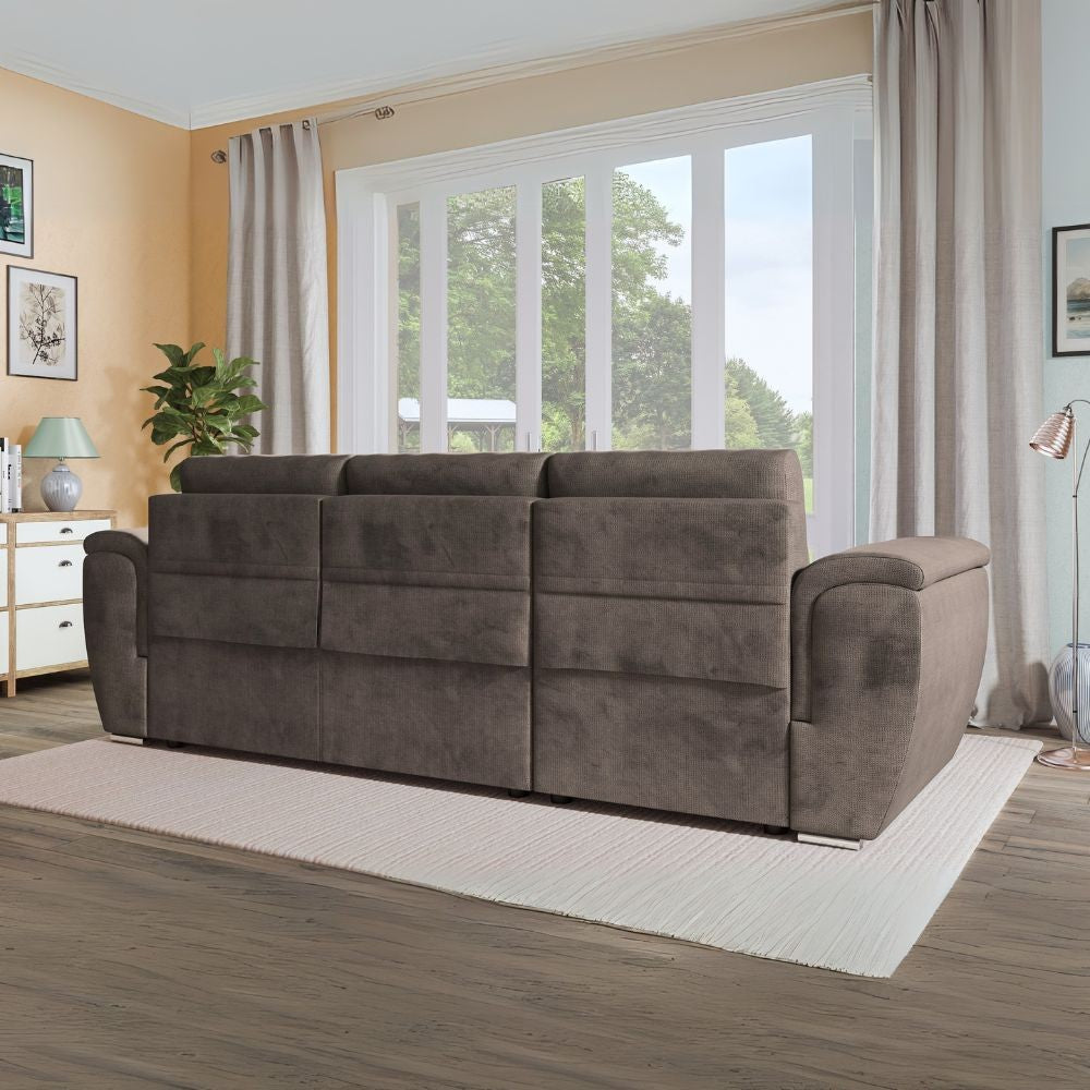 Divano angolare Kendall II con letto estraibile e penisola contenitore reversibile in tessuto Giulia 9703 cappuccino