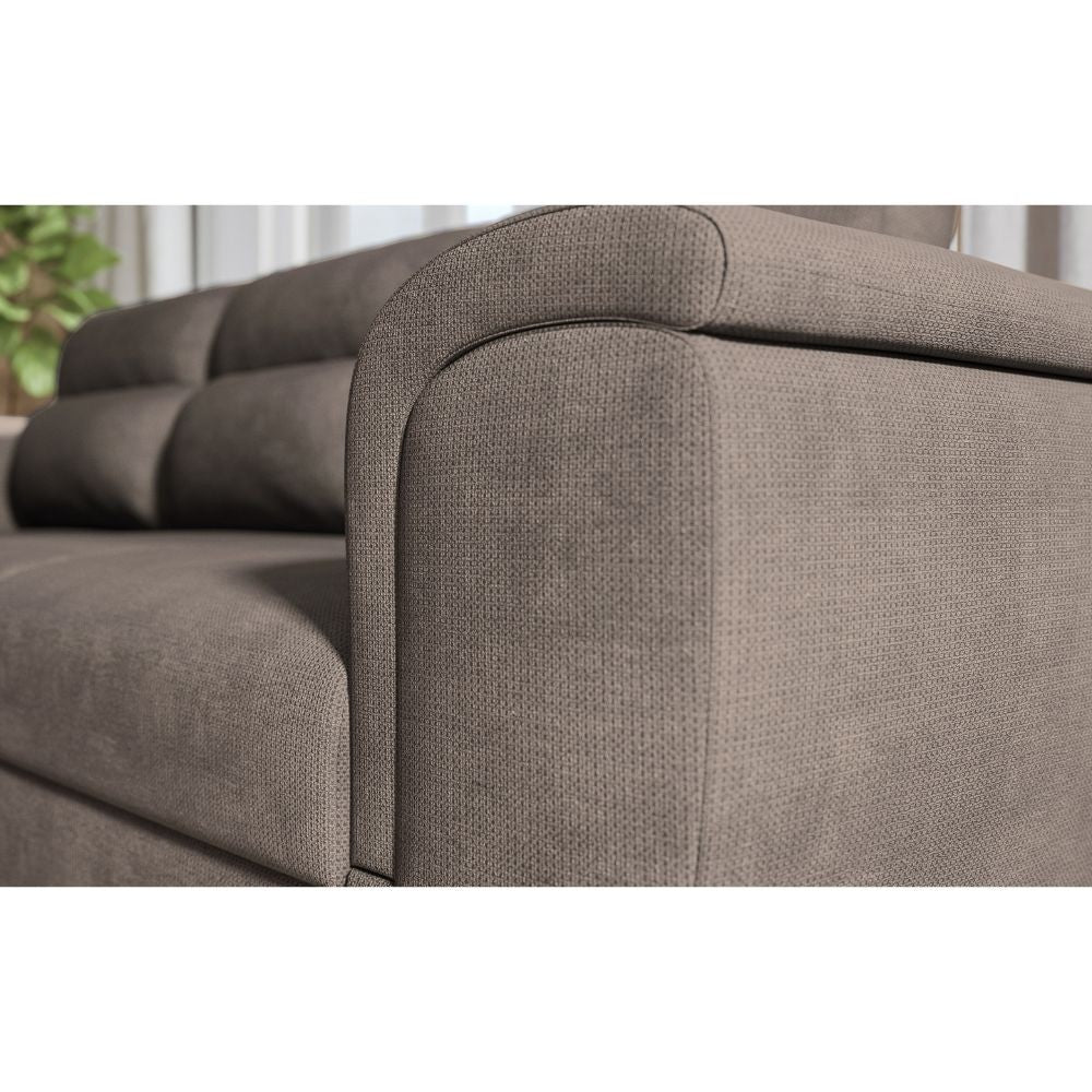 Divano angolare Kendall II con letto estraibile e penisola contenitore reversibile in tessuto Giulia 9703 cappuccino