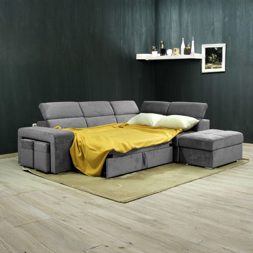 Divano angolare reversibile Positano con 5 poggiatesta regolabili e 2 pouf indipendenti in Barrel 90 grigio