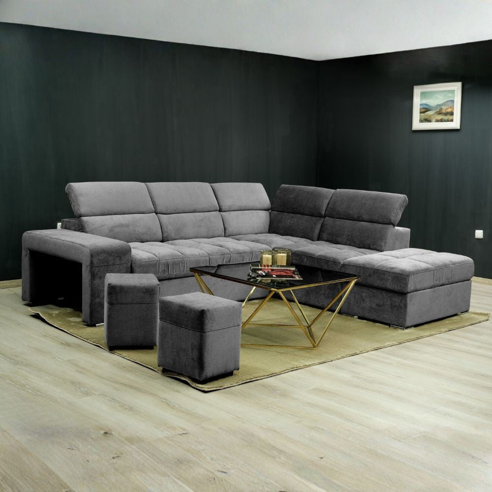 Divano angolare reversibile Positano con 5 poggiatesta regolabili e 2 pouf indipendenti in Barrel 90 grigio