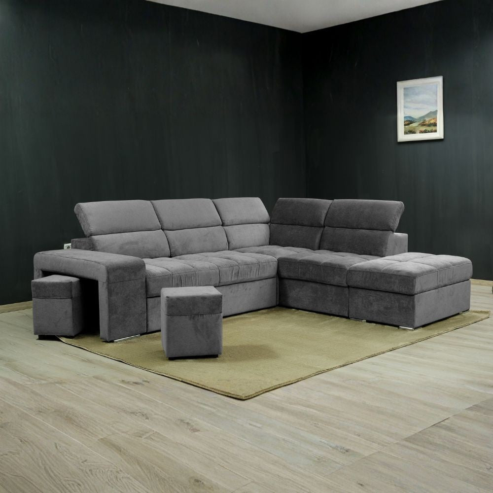 Divano angolare reversibile Positano con 5 poggiatesta regolabili e 2 pouf indipendenti in Barrel 90 grigio