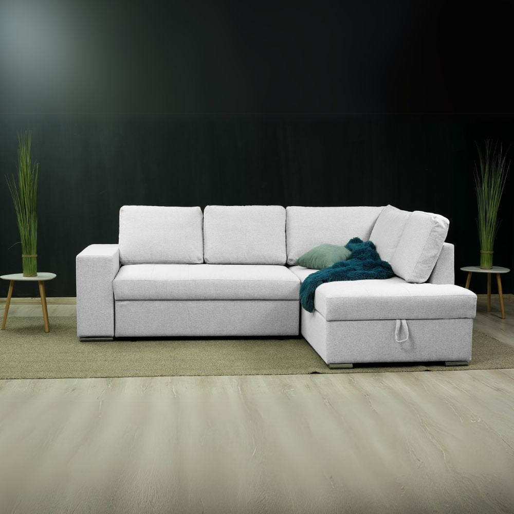Divano letto angolare Bali con penisola contenitore in tessuto Neve 80 light grey