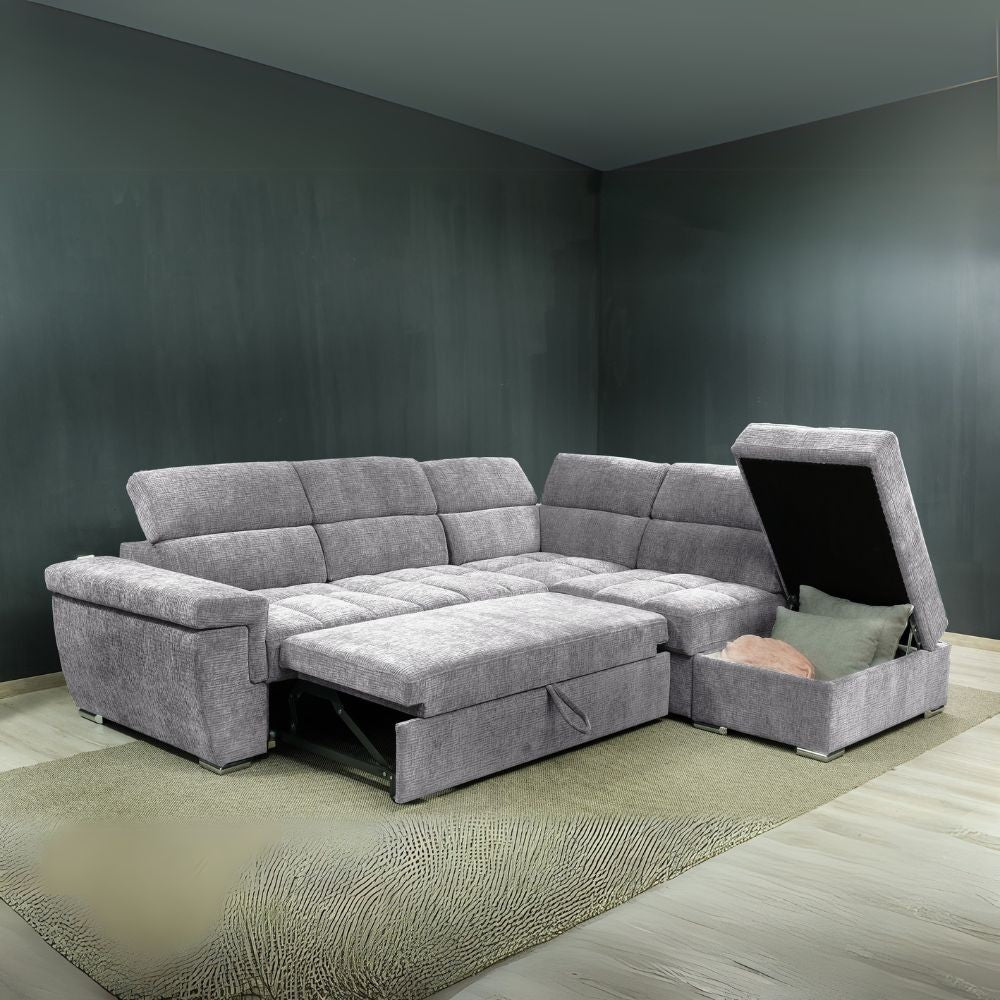 Divano letto angolare reversibile Amalfi con 5 poggiatesta regolabili e pouf indipendente in tessuto Giulia 9712 grigio chiaro