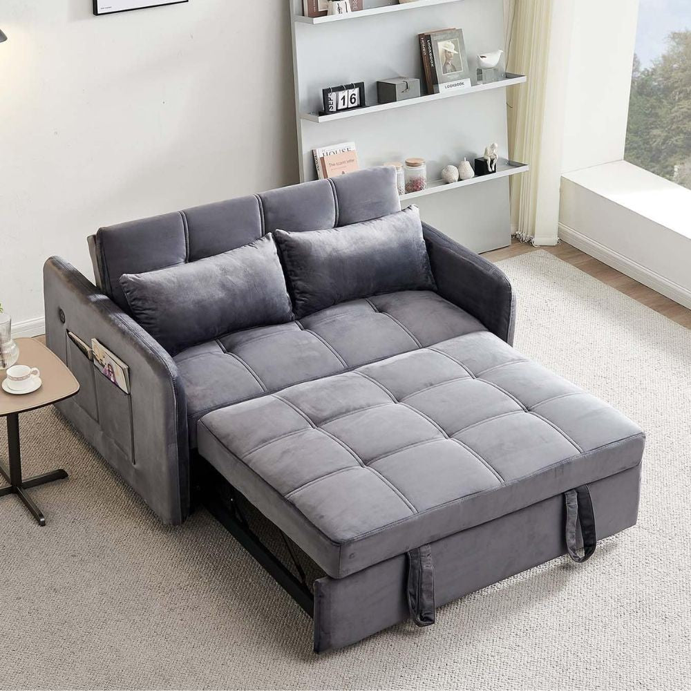 Divano letto Clorene in velluto grigio con tasche e presa USB laterale
