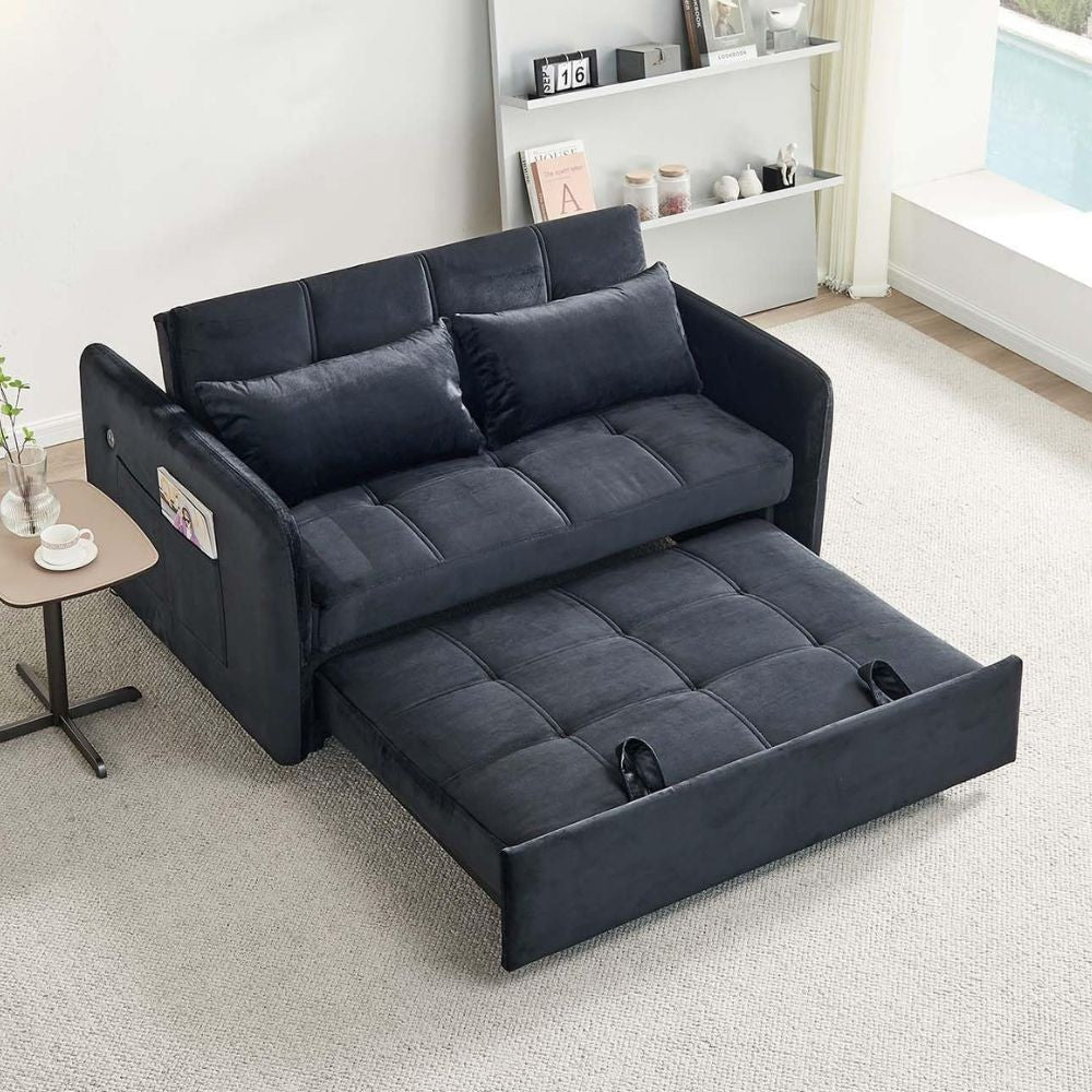 Divano letto Clorene in velluto nero con tasche e presa USB laterale