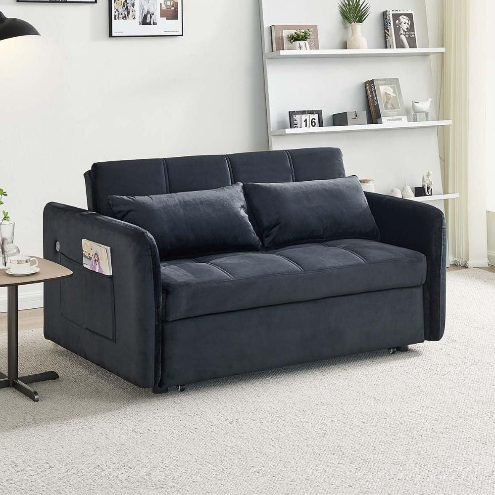 Divano letto Clorene in velluto nero con tasche e presa USB laterale