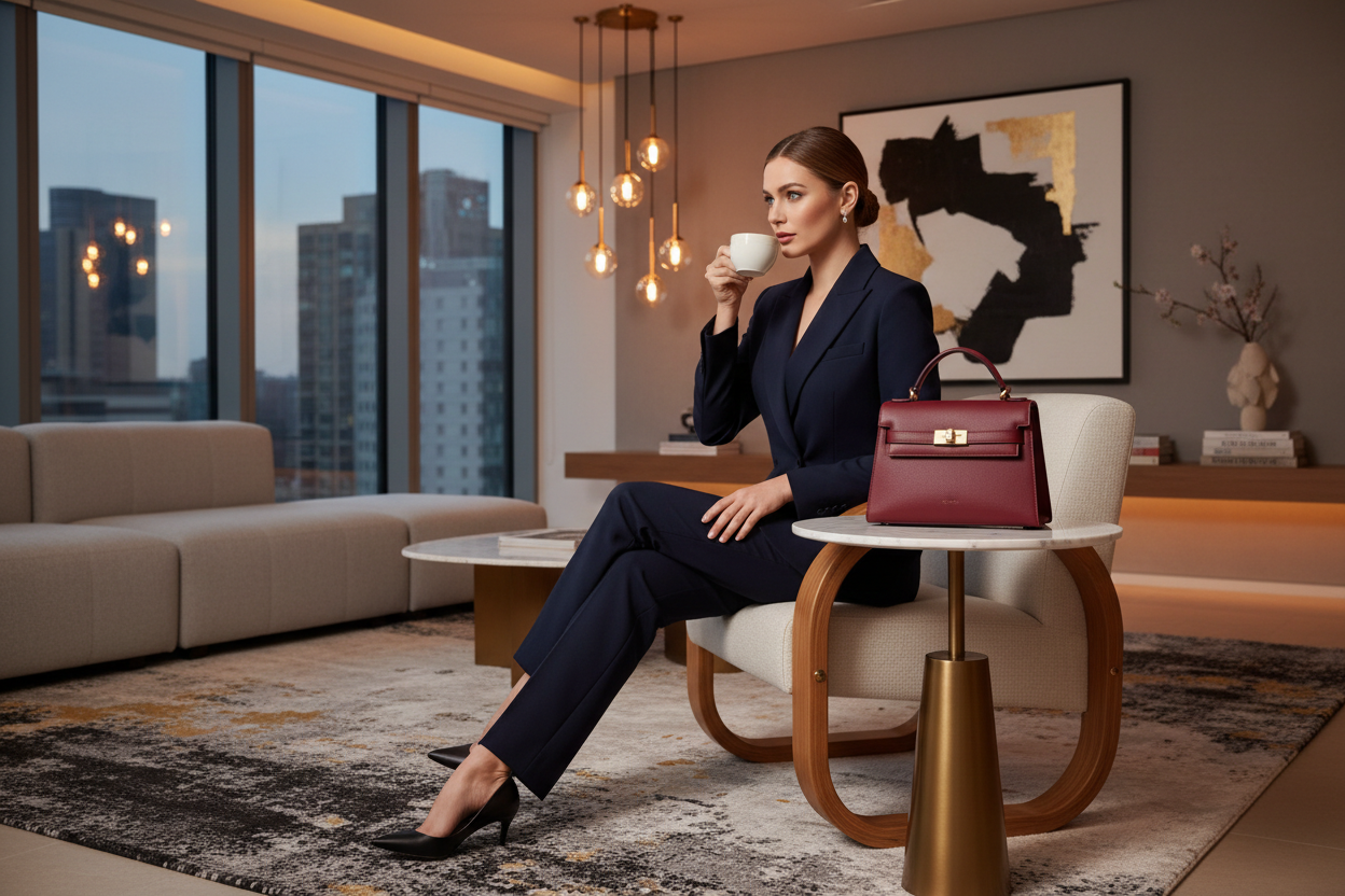 Donna elegante in tailleur con borsa in ambiente moderno