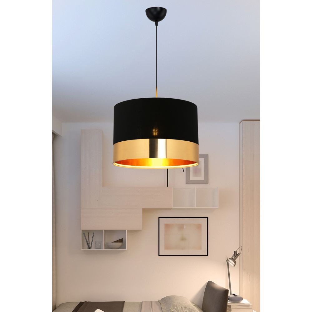 Lampada a sospensione Alfina tessuto nero fascia oro ASZ1665