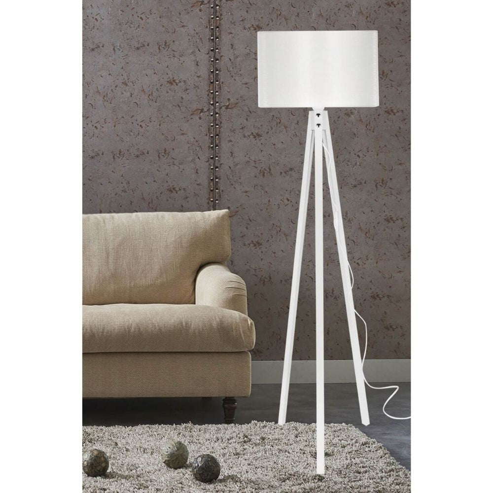 Lampada da terra Rodi ASZ1233 treppiede legno e paralume tessuto bianco
