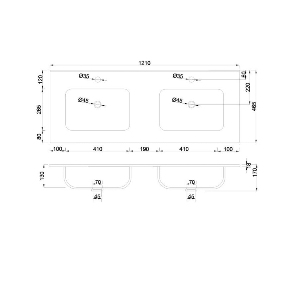 Lavabo consolle da appoggio LAV9120DS in ceramica 2 vasche 121x46.5 cm. bianco lucido