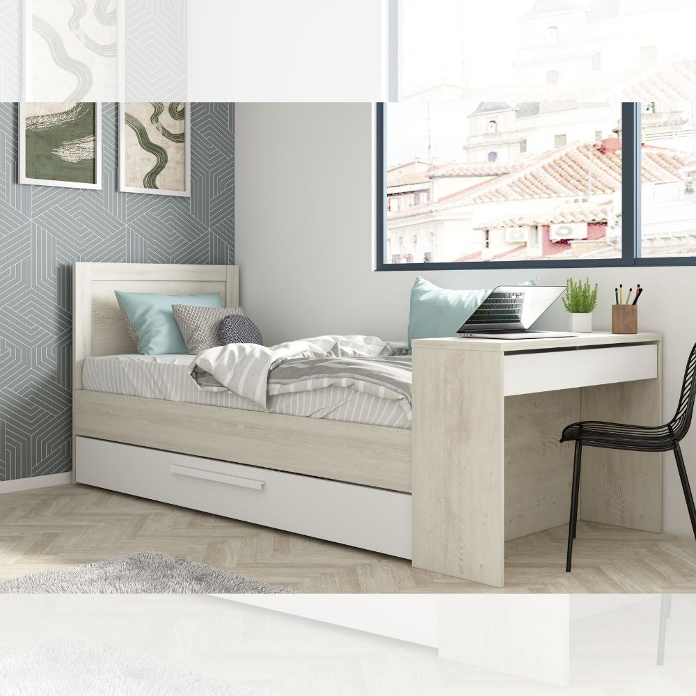 Letto 1950 con scrivania integrata e letto estraibile reversibile bianco vintage e bianco