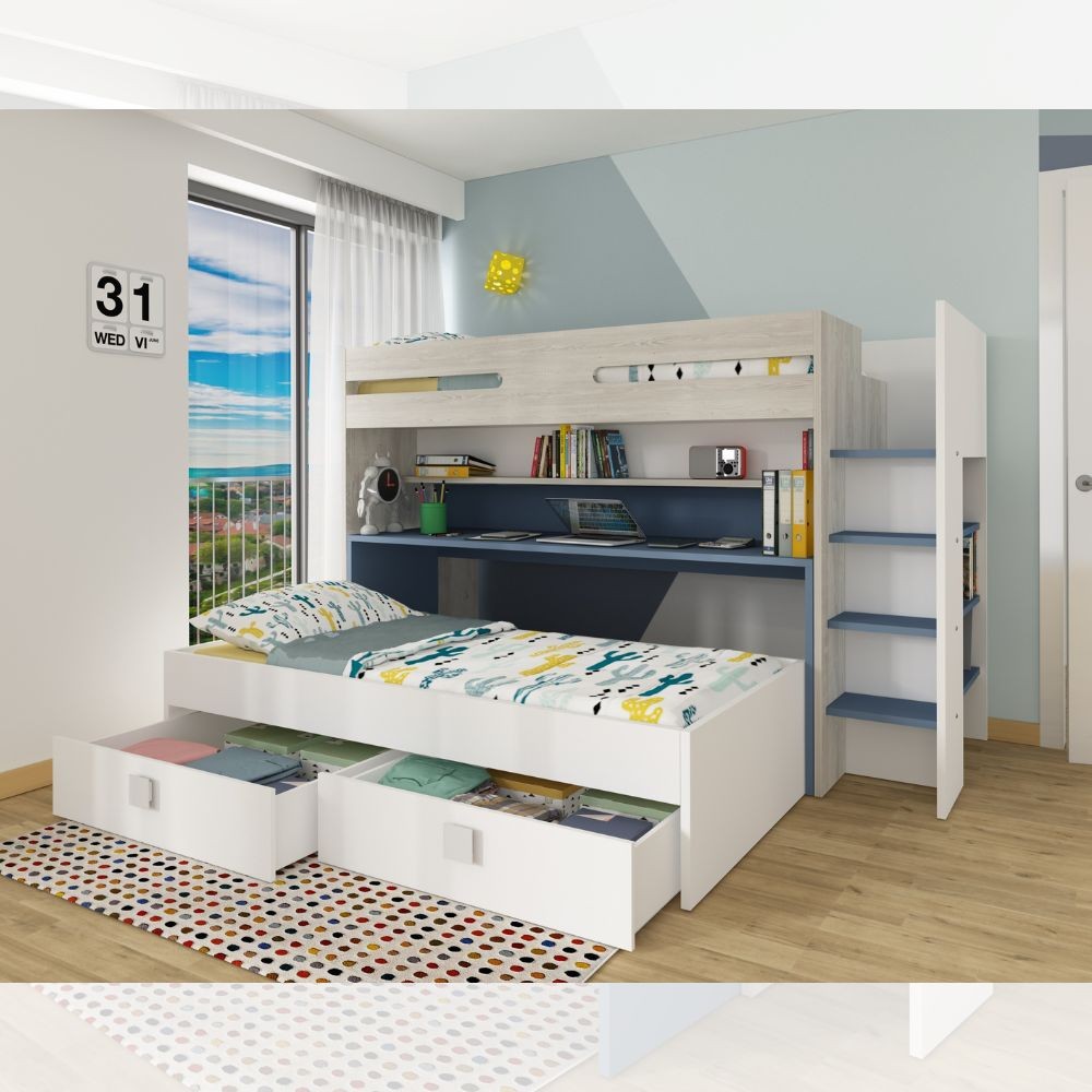Letto a castello 6070 bianco celeste con scrivania estraibile