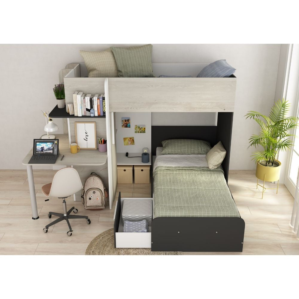 Letto a castello 6885 con scrivania reversibile bianco vintage antracite