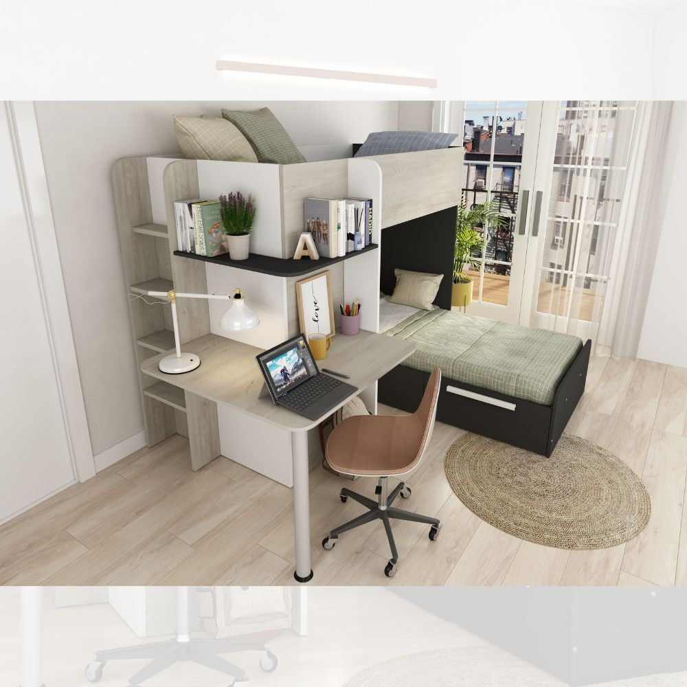 Letto a castello 6885 con scrivania reversibile bianco vintage antracite