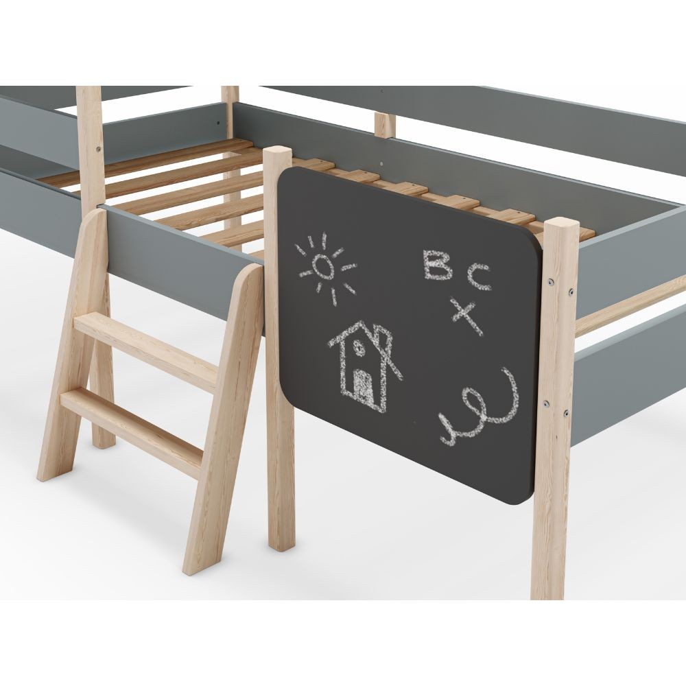 Letto a castello singolo Mint in legno massiccio con lavagnetta colore verde cachi e pino