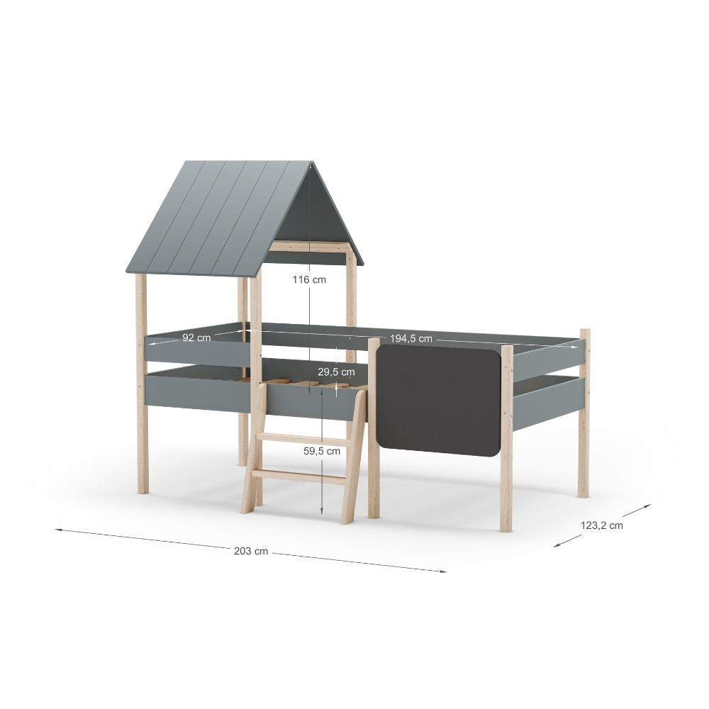 Letto a castello singolo Mint in legno massiccio con lavagnetta colore verde cachi e pino