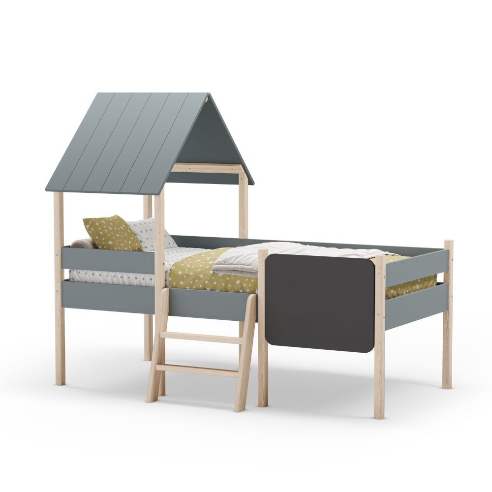 Letto a castello singolo Mint in legno massiccio con lavagnetta colore verde cachi e pino